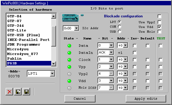 Settings for WinPic800
